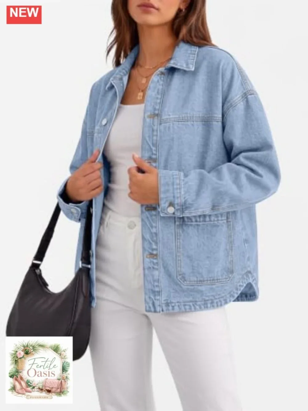 Women's Oversized Denim Jacket Boyfriend Shacket Cotton Button-Up